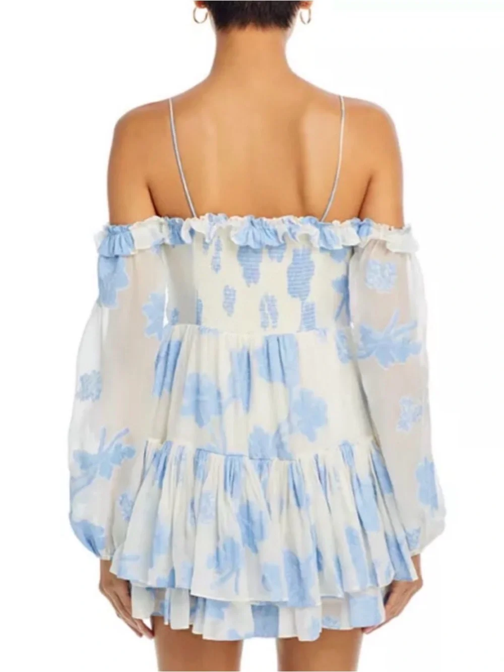LoveShackFancy Blue and White Floral Off-Shoulder Mini Dress - Picture 3 of 5